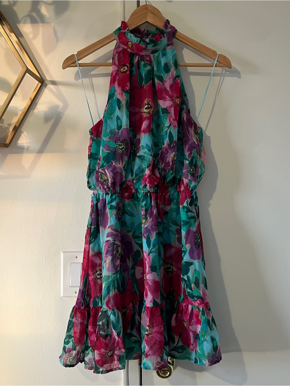 Aqua Poppy Halter Mini Dress - Floral Teal & Magenta NWT size s